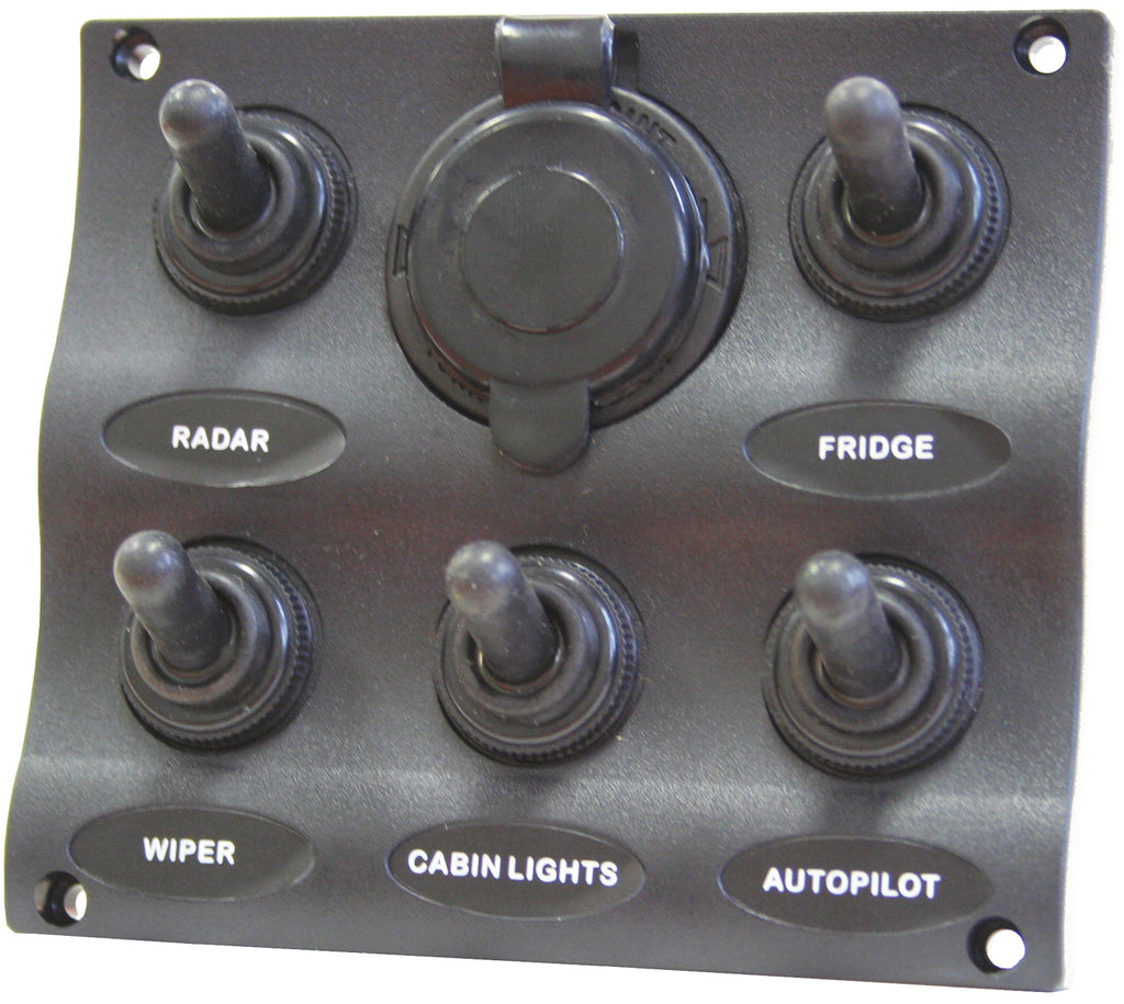 Switch Panel Wave Style 5 Switch + Power Socket Marine Waterproof 20 amp fuses