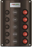 Switch Panel LED 5 Gang with Battery Meter Circuit Breakers Marine/Caravan IP 65 Splash proof