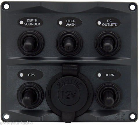 Switch Panel LED Back lighting 5 GANG + Cig Socket SPLASHPROOF TOGGLE