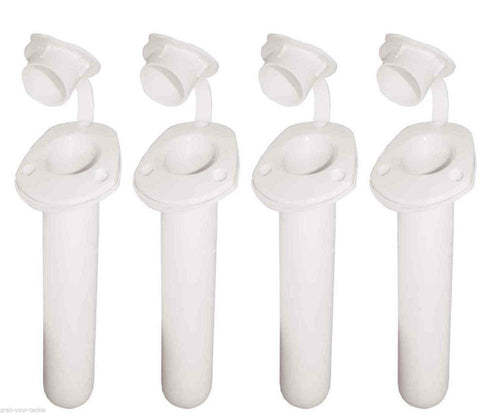 4 X Boat Recessed White Fishing Rod Holders & Caps 30 Degree Angle Drain Hole