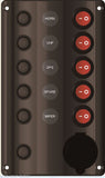 Switch Panel LED 5 Gang with Cig Socket & Circuit Breakers Marine/Caravan IP 65 Splashproof