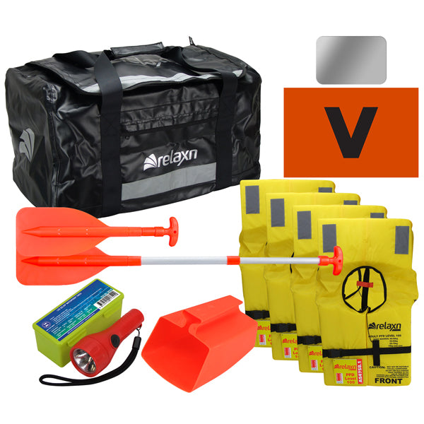 Boating Safety Kit Waterproof Bag, 4 Life jackets, Paddles,Signal Torch,V Sheet