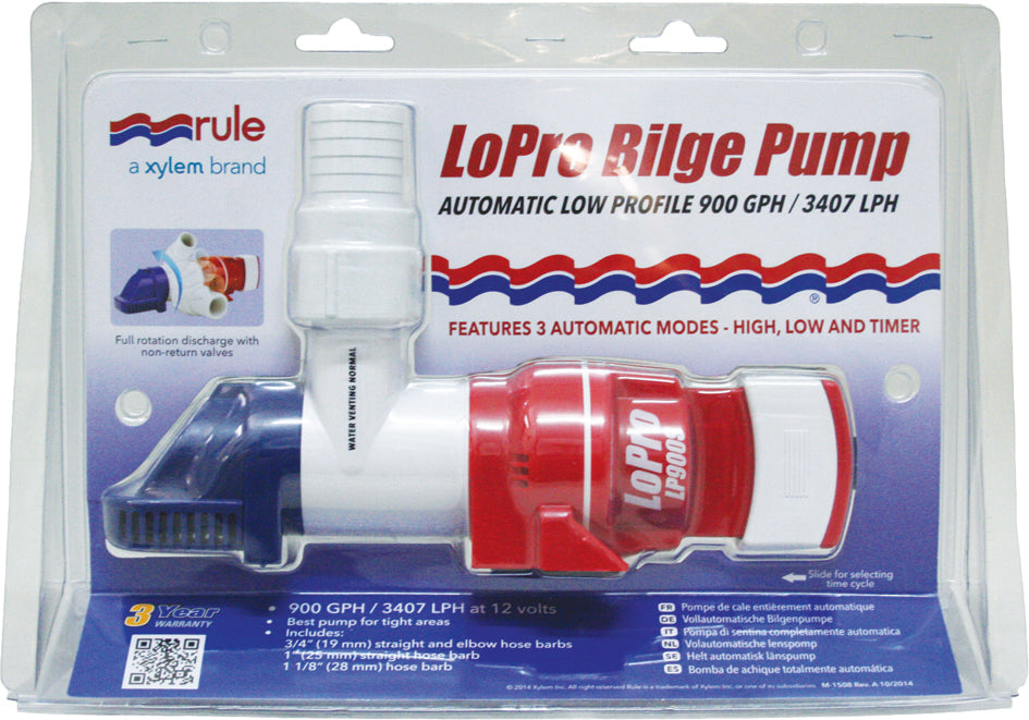 Rule LoPro Bilge Pump Automatic Low Profile 900GPH 3 Modes High, Low & Timer