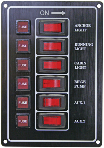Switch Panel 12 Volt Alloy Illuminating 6 Gang Vertical With Fuses Black