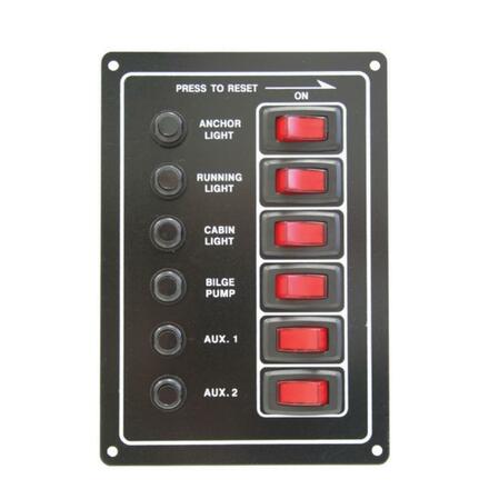 12 Volt Circuit Breaker Switch Panel with 6 red illuminated rocker switches