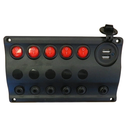 Switch Panel LED 5 Gang with USB Socket & Circuit Breakers Marine/Caravan IP 65 Splashproof
