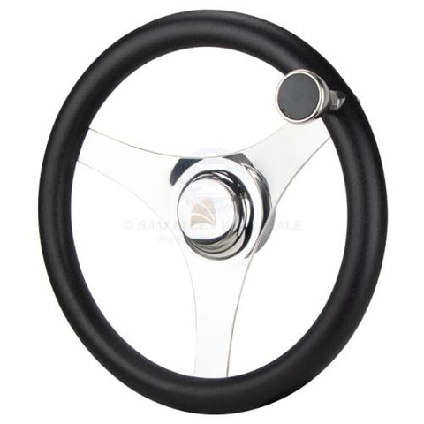 Boat Steering Wheel 340mm Diameter With Stainless Flat Spokes, Poly Grip & Knob