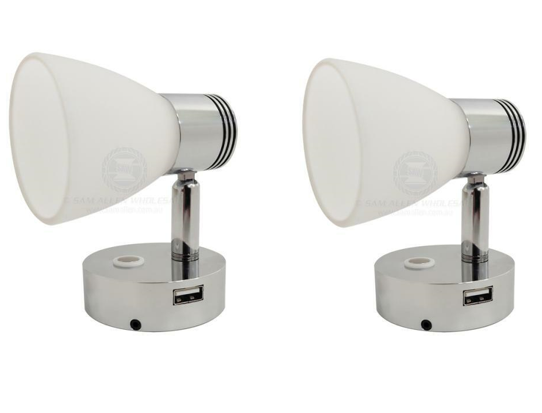 2 X Caravan Boat Bulkhead Reading Lights LED  With USB Outlet Chrome / White Housing Head