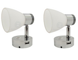 2 X Caravan Boat Bulkhead Reading Lights LED  With USB Outlet Chrome / White Housing Head