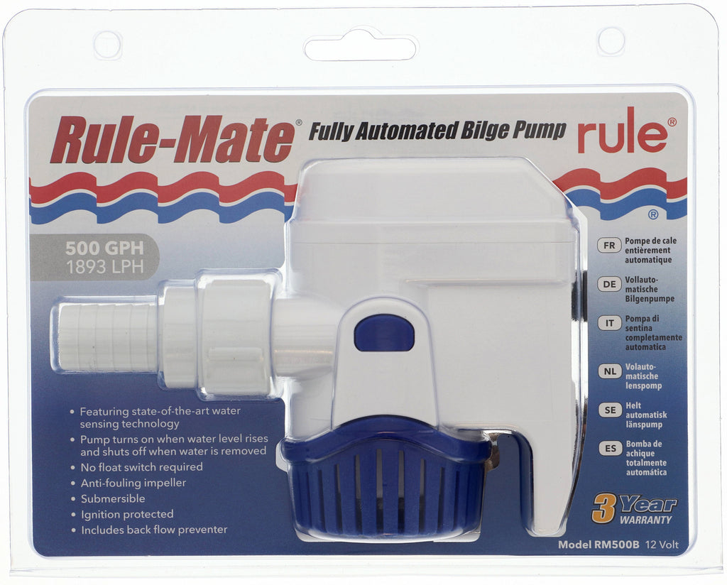 RULE MATE "Automatic" Bilge Pump 500 GPH 1890LPH 3/4 outlet 12Volt Model RM500B