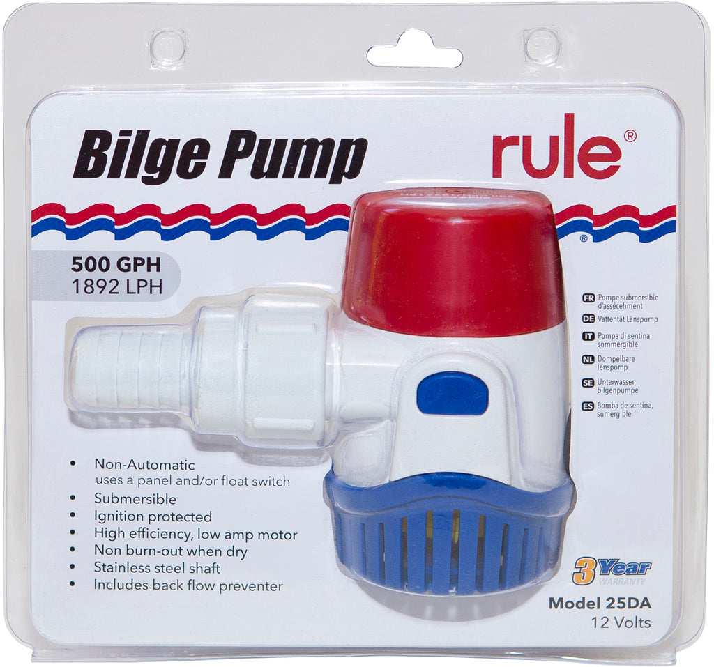 Rule Bilge Pump 500GPH (1893LPH) Non Automatic 12 Volt Back Flow Preventer Incl.